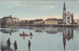 Lugoj Lugos &ndash; carte poștală ilustrată color, biserica reformată și teatrul
