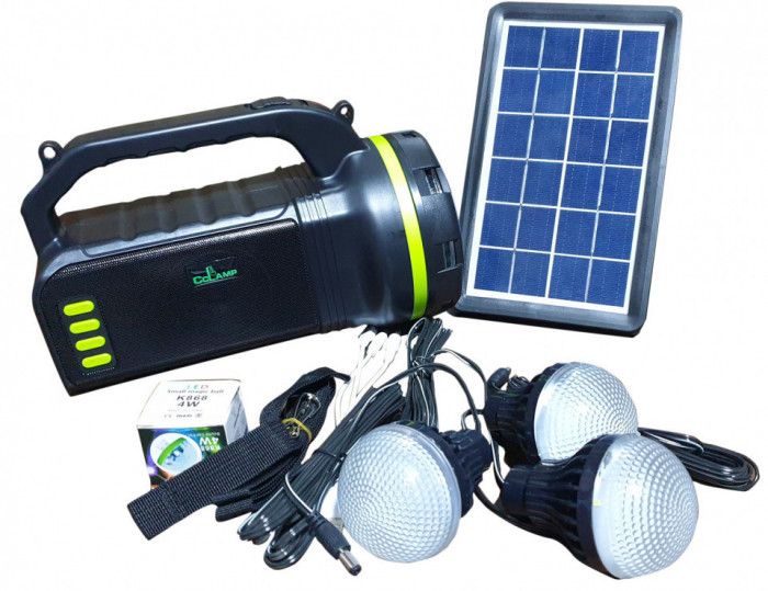 Kit solar camping, CClamp CL-18, portabil, 10W, lanterna, 3 becuri, Negru