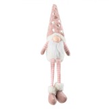 Figurina Decorativă, Model Moș Crăciun Gnome, Picioare Suspendate, Caciulă Blană Roz cu Inimioare Holografice, Corp Catifea Alb, Lungime 45 cm, Oem
