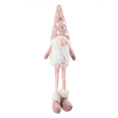Figurina Decorativă, Model Moș Crăciun Gnome, Picioare Suspendate, Caciulă Blană Roz cu Inimioare Holografice, Corp Catifea Alb, Lungime 45 cm foto