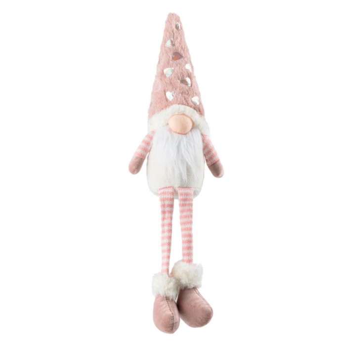 Figurina Decorativă, Model Moș Crăciun Gnome, Picioare Suspendate, Caciulă Blană Roz cu Inimioare Holografice, Corp Catifea Alb, Lungime 45 cm