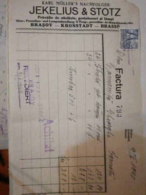 Factura 1940 Jekelius&amp;amp;Stotz pravalie de sticlarie, portelan Brasov, Comanita Gh foto