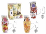 Cumpara ieftin Set 4 cani portelan multicolor, 4 infuzoare otel ceai, 4 pliculete ceai in cutie cadou II &Oslash; 8,5 cm x 13,5 H, 13,5 H, 450 ml