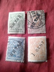 4 Timbre Rusia - Posta Rusa in China - supratipar Kitai , 70kop 1910 stampilat si 2kop 1908 nestampilat, 7kop1907 filigran vertical ,1cent/1kop 1917