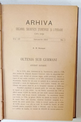 ARHIVA , ORGANUL SOCIETATII STIINTIFICE SI LITERARE DIN IASI , VOLUMUL III , COLEGAT DE 11 NUMERE CONSECUTIVE , IANUARIE - NOIEMBRIE , 1892 foto