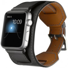 Curea iUni compatibila cu Apple Watch Ultra/SE/8/7/6/5/4/3/2/1, 38mm, Cuff, Piele, Negru