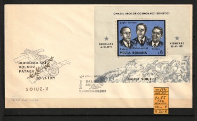 Timbre Rom&amp;acirc;nia, 1971 | Comemorare cosmonauţi Soyuz 11 - Cosmos | FDC | aph foto
