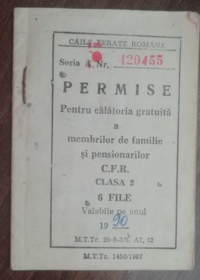 M3 C18 - 1990 - tematica CFR - Permise pentru calatorii gratuite pe CFR foto