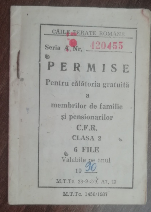 M3 C18 - 1990 - tematica CFR - Permise pentru calatorii gratuite pe CFR