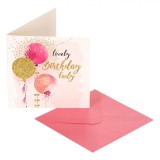 Felicitare Zi de Nastere, Lovely Birthday, Baloane Glitter, Roz, 15x15 cm, Plic Inclus, Oem