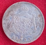 (A211) MONEDA ARGINT BELGIA - 20 FRANCS 1934, TEXT FRANCEZ - DES BELGES, REGELE ALBERT