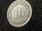 10 pfennig 1908 F (in capsula), stare EF+ / aUNC [poze]. Discount conform descriere [10 - 20 %. Vezi descrierea.].