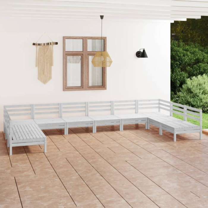 Set mobilier relexare grădină, 10 piese, alb, lemn masiv de pin
