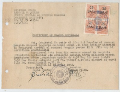 Romania, Sfatul Popular al comunei, Certificat de stare materiala (II), Berghia, 1952 foto