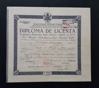 Diploma 1937 de licenta in filosofie si litere , per. regalista foto