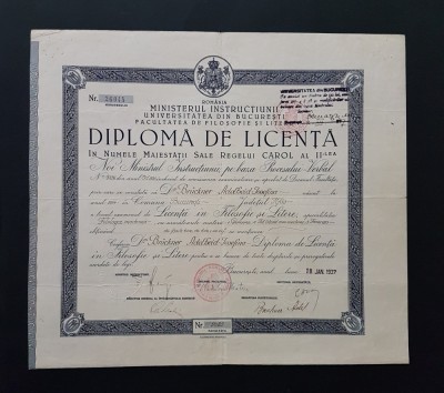 Diploma 1937 de licenta in filosofie si litere , per. regalista foto