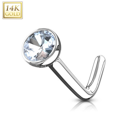 Piercing curbat, pentru nas, din aur alb de 14K - zircon transparent, rotund, ramă, 1 mm foto