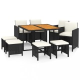 Set mobilier de gradina cu perne, 9 piese, negru, poliratan