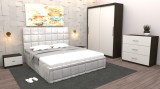 Dormitor Regal cu Pat Tapitat Alb stofa cu dulap usi glisante Wenge fara oglinda si cu comoda Tv