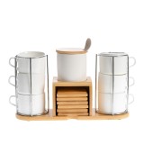 Set cesti cafea cu suport din bambus, recipiente si lingurita
