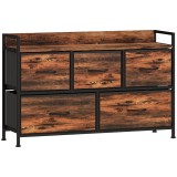 HOMCOM Comodă, mobilier de depozitare cu 5 sertare pliabile din țesătură, blat și cadru din oțel, 98 x 29 x 63 cm, maro rustic | Aosom Romania