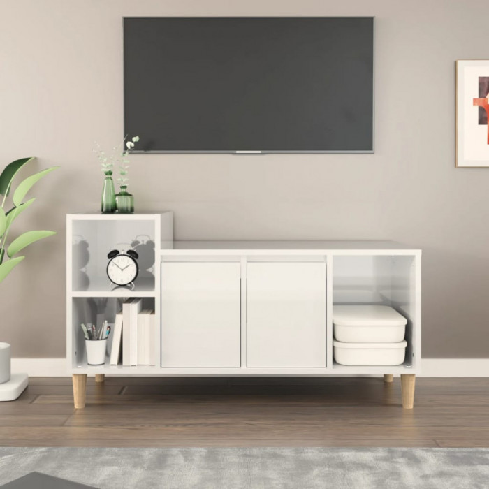 Comoda TV, alb extralucios, 100x35x55 cm, lemn prelucrat GartenMobel Dekor