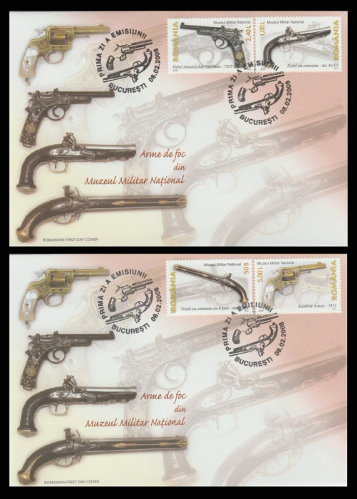 2008 Romania, 2 FDC Arme de foc din Muzeul Militar LP 1794, plicuri prima zi