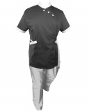 Costum Medical Pe Stil, Negru cu Elastan cu Garnitură Alba si pantaloni Albi, Model Andreea - XL, XL