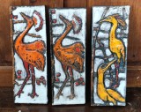 3 Placi Ceramice de Perete RUSCHA , anii &#039;70 lut ars glazurat manual policrom fat lava pasari COCORI 41 x 14 x 2 cm fiecare