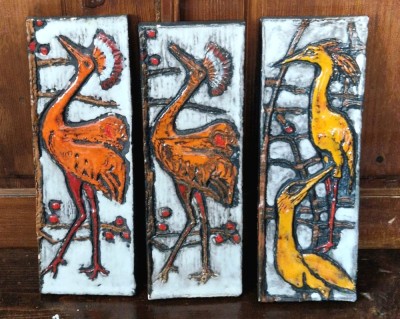 3 Placi Ceramice de Perete RUSCHA , anii &amp;#039;70 lut ars glazurat manual policrom fat lava pasari COCORI 41 x 14 x 2 cm fiecare foto