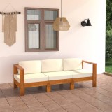 Gossi canapea gradina cu 3 locuri, perne alb/crem, lemn masiv acacia