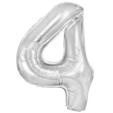 Balon din Folie Metalizata, Figurina Cifra, Tema Aniversare 80 cm, Ambalaj Individual, Pai inclus, Umflare cu Aer sau Heliu, Argintiu, Cifra 4