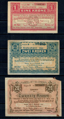 Aussig(Cehia) 1918 - 1, 2, 20 kronen, circulate foto