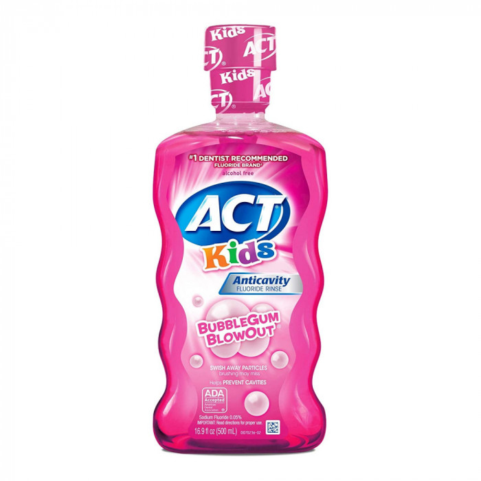 Apa de Gura pentru Copii, Act, Bubblegum Blowout, cu Fluor, fara Alcool, Aroma de Guma de Mestecat,