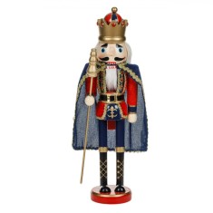 Figurina Decorativă de Crăciun Lemn Rege, 38cm, Culoare Roșu/Albastru, Detalii Aurii, Pietre Prețioase, Capa Albastră