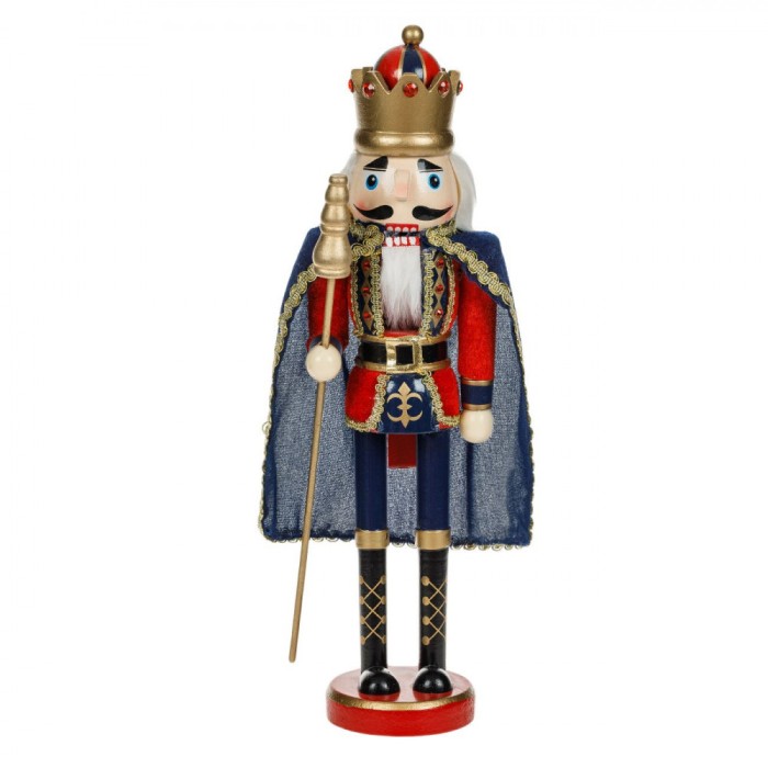 Figurina Decorativă de Crăciun Lemn Rege, 38cm, Culoare Roșu/Albastru, Detalii Aurii, Pietre Prețioase, Capa Albastră