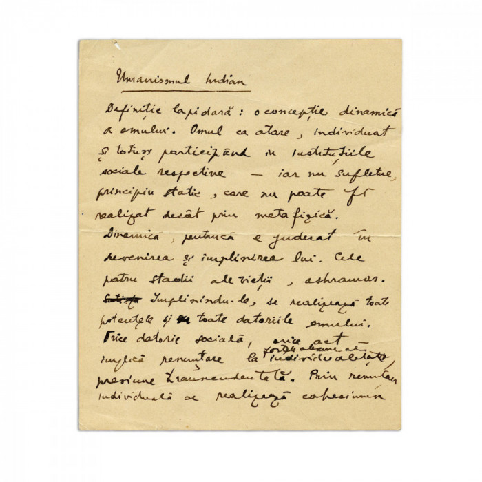 Mircea Eliade, &bdquo;Umanismul indian&rdquo;, filă manuscris - D