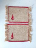 Lot 2 servete mici rustice vintage 13x10cm bradut cusut manual, suport pahare panza sac iuta decor Craciun retro, lucru de mana taranesc cabana