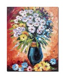 Tablou vaza cu flori multicolore pictat manual, Ikebana, 50x40cm ulei pe panza in cutit, Leonard Covaci