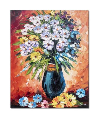 Tablou vaza cu flori multicolore pictat manual, Ikebana, 50x40cm ulei pe panza in cutit, Leonard Covaci foto
