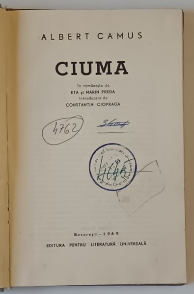 CIUMA de ALBERT CAMUS , 1965 *EDITIE CARTONATA