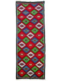 Covor runner vintage din l&acirc;nă 377&times;139 cm, tip kilim/scoarță, model geometric, cu franjuri &ndash; vișiniu &amp; negru