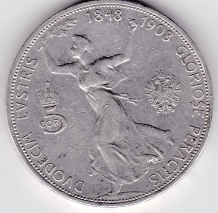 Austria 5 Corona COROANE KORONA 1908 Comemorativa