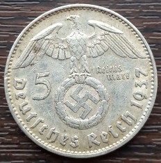(A731) MONEDA DIN ARGINT GERMANIA - 5 MARK 1937, LIT. J, VARIANTA CU SWASTIKA