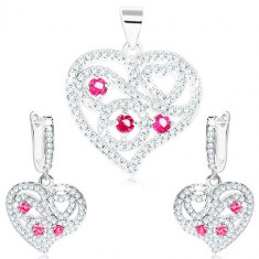 Set - cercei și pandantiv din argint 925, inimă transparentă, spirale, zirconii roz