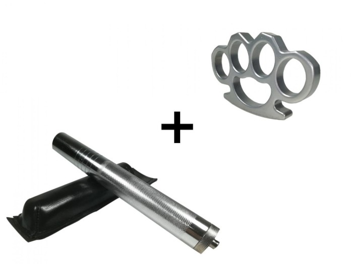 Set baston telescopic din otel, argintiu, 64 cm si box argintiu 1 cm grosime
