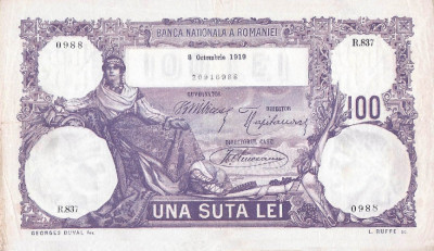 REPRODUCERE bancnota 100 lei 8 octombrie 1919 Romania foto
