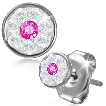 Cercei din oțel - floare cu componente Swarovski&reg;, zirconiu roz, 5 mm