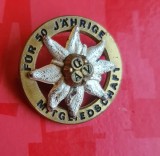 H503-I-Insigna medalie de onoare jubiliara Clubul alpin Austria Floarea de Colt pt. vechime de 50 ani a membrilor &ndash;Osterreichisher Alpenverein.