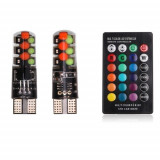 Set 2 LED-uri Auto W5W T10, RGB Pentru Pozitie , Multicolore Cu Telecomanda Model P15
